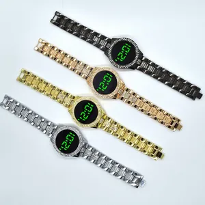 Rhinestone-studded women's LED digital watches with elegant polished metal link bands