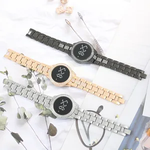 Elegant rhinestone LED digital watches for women with steel straps in three shiny colors