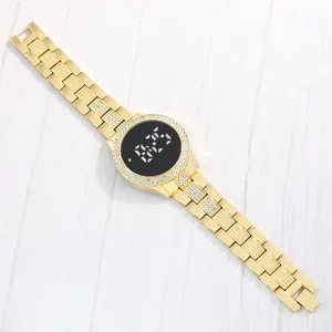 Luxurious gold rhinestone-encrusted LED digital watch for women with steel band