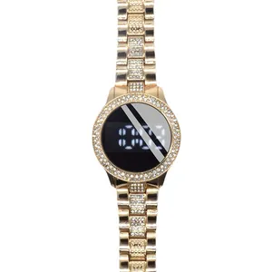 Luxury rhinestone encrusted rose gold LED digital watch for women with steel band
