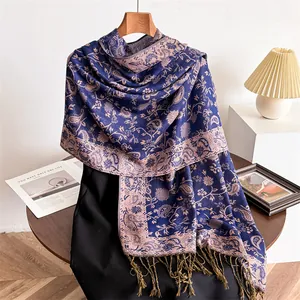 Elegant purple cashmere-feel scarf with paisley patterns and decorative fringe tassels