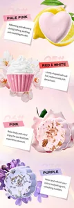 Dettaglio di bombe da bagno a forma di cuore e cupcake con accenti floreali e frutta