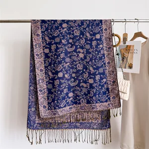 Elegant blue and pink paisley pattern cashmere-like shawl with delicate fringe tassels