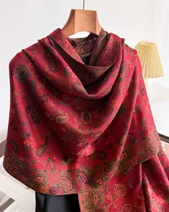 Elegant red paisley pattern pashmina shawl for winter, soft warm cashmere-like wrap.
