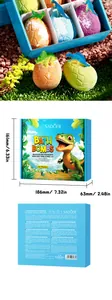 Vista dettagliata del set di bombe da bagno a uovo di dinosauro SADOER con misure in pollici