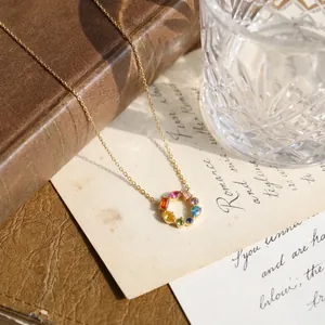 925 Sterling Silver Rainbow Round Pendant Necklace For Women Colorful Zirconia Inlaid Gold Plated Fashion Jewelry Gift