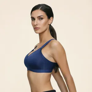 Women's blue seamless sports bra for yoga and running with full coverage support