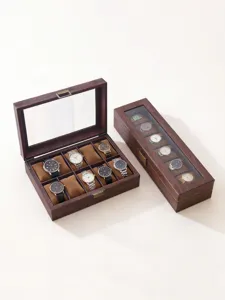 Nahaufnahme von Uhrenboxen aus Holz für 6 und 8 Uhren mit durchsichtigem Glasdeckel