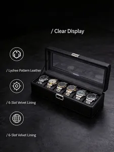 Detailansicht einer 6-Fach-Uhrenbox mit Samtfutter und Leder mit Lychee-Muster