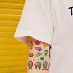 Colorful cartoon space spaceship and UFO temporary tattoo stickers for kids on arm