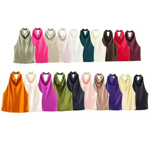 Assorted colors of satin halter neck sleeveless tops with elegant cowl drape design