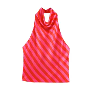 Detailed view of pink and orange striped satin halter neck top with cowl neckline.