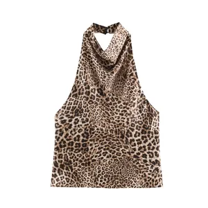 High-resolution front view of a satin leopard print halter neck top with soft cowl neck draping