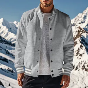 Close-up of men's grey retro fleece varsity jacket with striped collar and cuffs