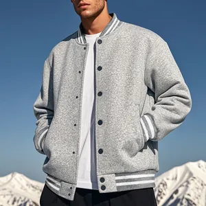 Detailed view of grey fleece baseball jacket featuring striped collar and ribbed cuffs
