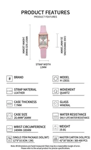 Detailliertes Produktdatenblatt für die GEDI Retro Quadratische Rosa Leder Damen Quarzuhr