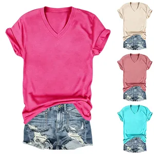 Dames V-hals effen kleur korte mouw T-shirt varianten in meerdere stijlvolle kleuren