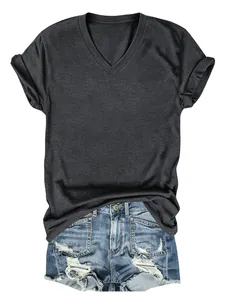 Minimalistisch dames T-shirt met V-hals in donkergrijs gestyled met denim