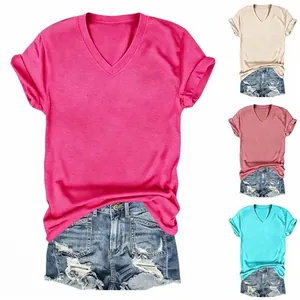 Dames Casual T Shirt V Hals Korte Mouw Katoenmix Opgerolde Mouwen Zijdelingse Knoop Effen Kleur Gemêleerd Zomer Loose Fit Top