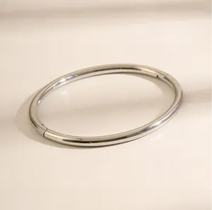 Gedetailleerde weergave van een minimalistische zilveren titanium stalen ovale armband