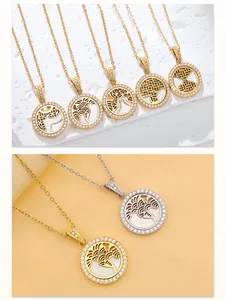 Detail view of hollow engraved round plate necklaces with sparkling crystal halo