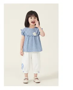 Toddler girl blue gingham short sleeve top and white pants 2-piece summer clothing set