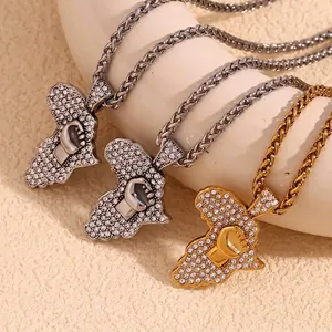 Collar Colgante Mapa África Puño Acero Inoxidable Iced Out Diamantes Imitación Chapado Oro 18K Joyas Hip Hop Hombre Cadena Torsión