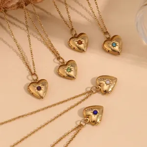 Heart Locket Necklace 18K Gold Plated Stainless Steel Birthstone Openable Starburst Pendant Vintage Jewelry For Women