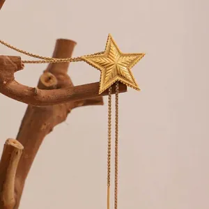Collier Lariat À Pendentif Étoile Texturé En Acier Inoxydable Plaqué Or 18K À Long Pompon Réglable Pour Femmes