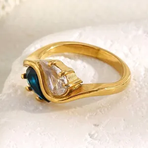 18K Vergoldeter Edelstahl Ring Für Damen Mit Blauem Und Klarem Birnenschliff Zirkonia Tropfen Crossover Schmuck