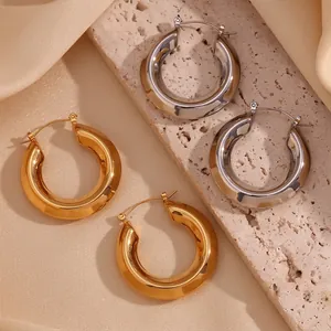 Minimalist Stainless Steel Chunky Hoop Earrings For Women 18K Gold Plated Hollow Streamline Polished Geometric Jewelry