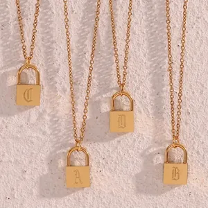 Stainless Steel Initial Padlock Pendant Necklace Gothic Letter Gold Plated Fashion Jewelry Gift For Women
