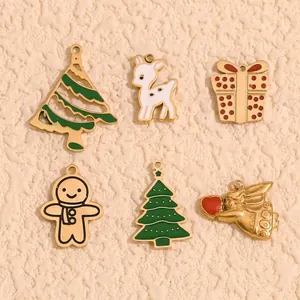 Weihnachtsanhänger 14K Vergoldet Edelstahl Emaille Elch Baum Schneemann Lebkuchenmann DIY Schmuckherstellung Pendants
