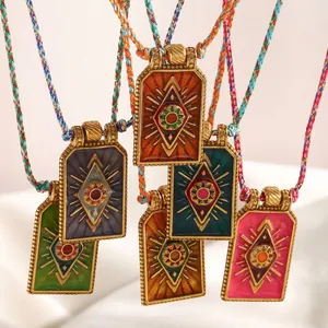 Tarot Card Evil Eye Pendant Necklace Stainless Steel 18K Gold Plated Enamel Colorful Woven Rope Ethnic Style Women