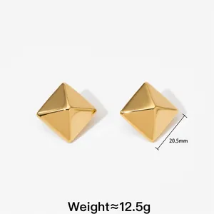 Detailed view of gold-plated stainless steel pyramid stud earrings with dimensions