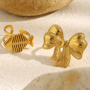 18K Gold Plated Stainless Steel Open Adjustable Rings Minimalist Fishbone Bowknot Fashion Jewelry For Women