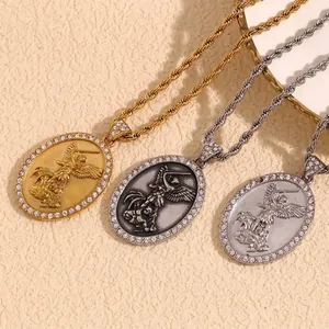 Saint Michael Angel Pendant Necklace Stainless Steel 18K Gold Plated Oval Rhinestone Religious Fashion Jewelry For Men