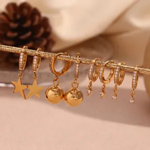 Orecchini A Cerchio Huggie In Acciaio Inossidabile 316L Placcato Oro 18K Con Pendenti Stella Cuore Goccia Sfera Chic
