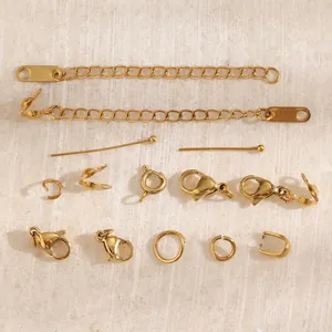 Fournitures Bijoux DIY Acier Inoxydable Plaque Or 18K Fermoirs Mousqueton Chaines Extension Anneaux Ouverts Tiges Pour Colliers