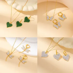 304 Edelstahl Zirkonia Herz Schmetterling Libelle Halskette Ohrringe Für Damen Vergoldet Luxus Mode Schmuck