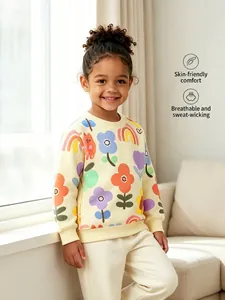 Felpa a Pullover in Cotone per Ragazze Manica Lunga Gatto Cartone Animato Fiori Stampata Crema Felpa per Bambini Top Casual