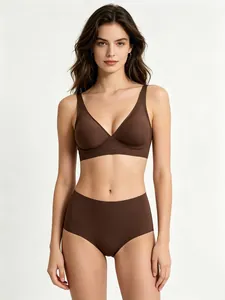 Nahtloses Deep-V-BH- und Slip-Set in Dunkelbraun für Damen, weiche Passform