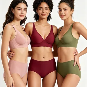 Damen Tief V Nahtlos Bügellos BH Slip Top And Bottom Weiche Unterstützung Atmungsaktiv Polyamid Unterwäsche Für Alltag