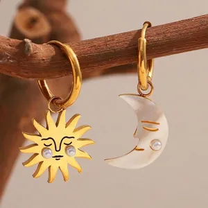 Asymmetric Sun And Moon Human Face Hoop Earrings Stainless Steel 18K Gold Plated Artificial Pearl Mother Of Artificial Pearl Celestial Women