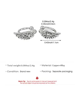 Dimensioni tecniche e dettagli del materiale per orecchini a clip a forma di ala argento