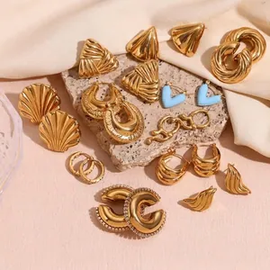 Geometric Chunky Earrings 18K Gold Plated 316L Stainless Steel Hollow Triangle Shell Heart Stud Hoop Jewelry For Women