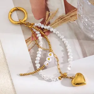 Heart Pendant Keychain Stainless Steel Gold Plated Multi Layered Imitation Artificial Pearl Bag Charm Fashion Jewelry For Women