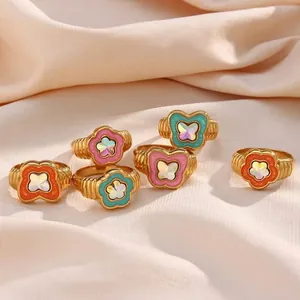 Colorful Butterfly Flower Rings Stainless Steel Gold Plated Enamel Dripping Oil Ribbed Band Sweet Fashion Jewelry