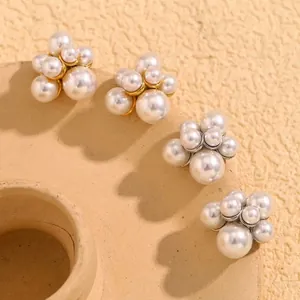 Boucles D'oreilles Puces Künstliche Perles Grappe Acier Inoxydable Plaqué Or 18K Vintage Français Élégant Femme
