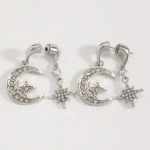 Elegante zilverkleurige maan en ster oorbellen met fonkelende strass steentjes micro-pave